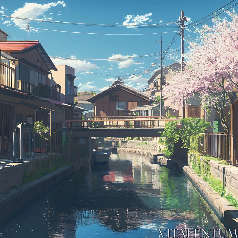 Tranquil Japanese Waterway in Spring AI Image