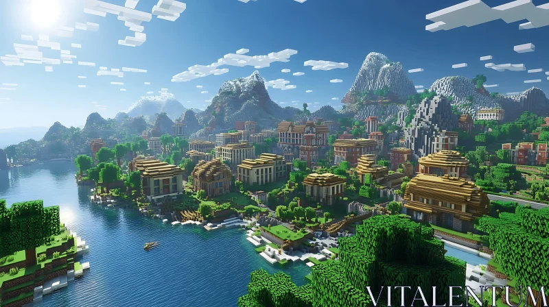 Digital Minecraft Village in Scenic Nature Setting AI Image