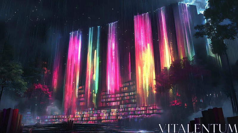 AI ART Neon Rainfall on Abstract City Buildings