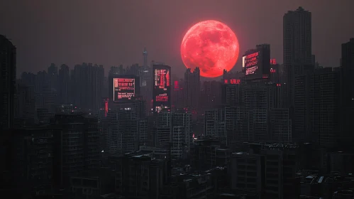 City Skyline with Conspicuous Red Moon