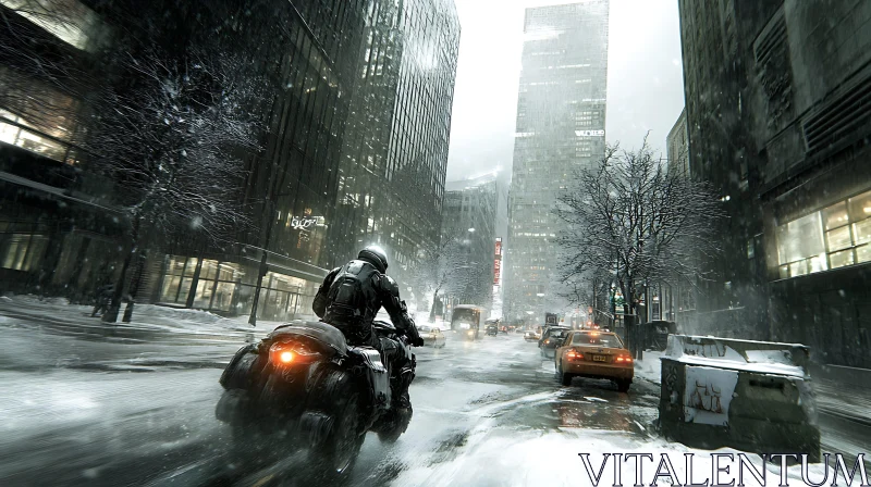 Urban Night Ride in Snow AI Image