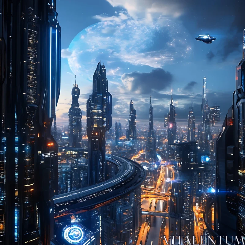 High-Tech City with Skyscrapers and Planetary Background AI Image