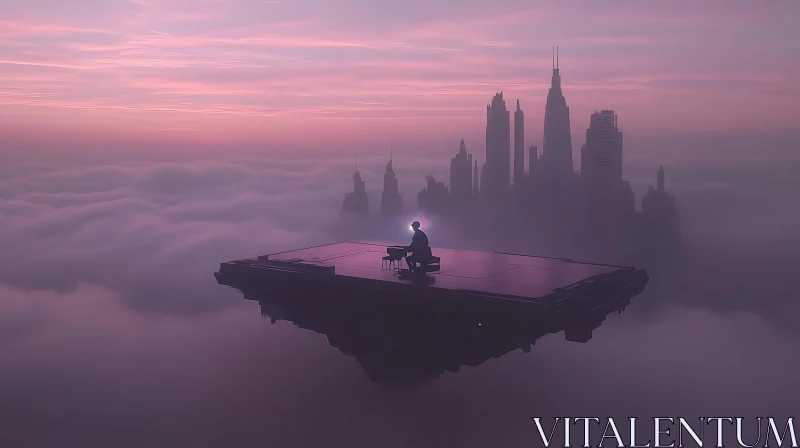 AI ART Floating Pianist in Dreamy Cityscape