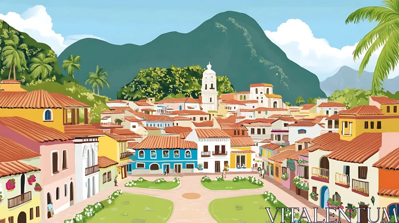 Colorful City with Terracotta Roofs and Green Surroundings AI Image