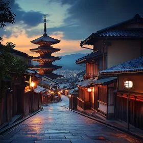 Serene Japanese Street Illumined at Dusk