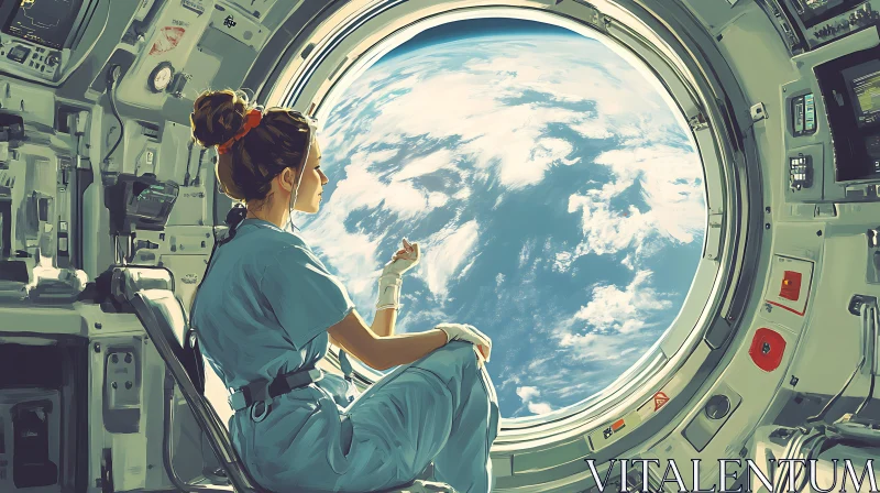 Woman in Spacecraft Viewing Earth AI Image