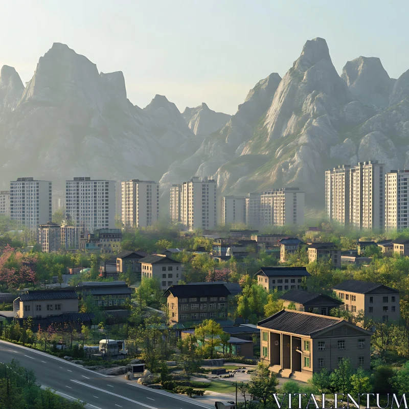 Cityscape with Mountains and Greenery AI Image