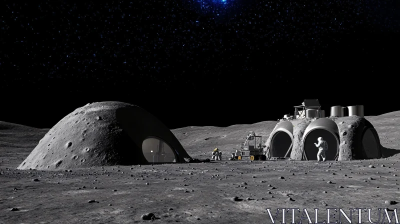 Moon Base with Dome Habitats and Lunar Astronauts AI Image