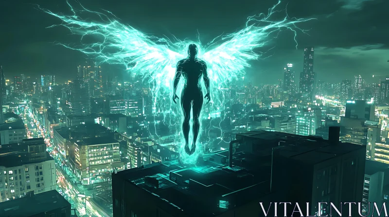 Mystical Neon Winged Angel over Urban City at Night AI Image