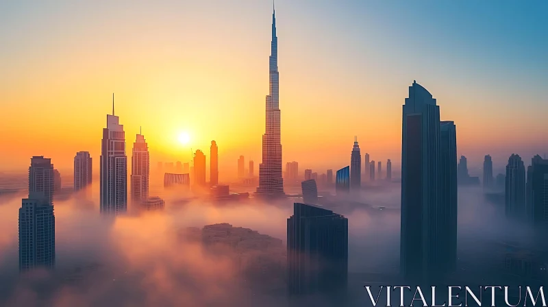 Urban Skyline at Dawn with Mist and Skyscrapers AI Image