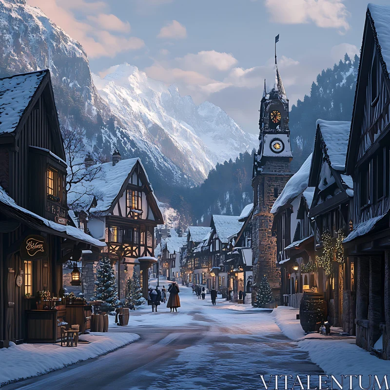 AI ART Charming Snowy Village with Clock Tower and Mountain Backdrop