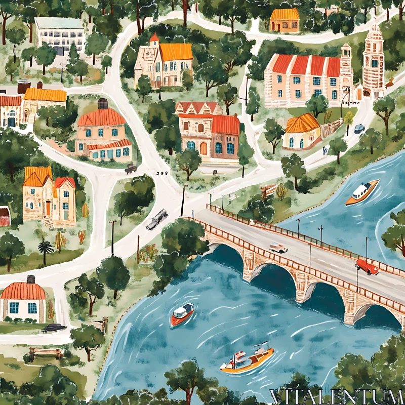 Tranquil Village by the River with a Stunning Bridge AI Image