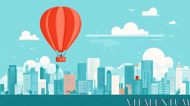 Red Hot Air Balloon Over Urban Skyline AI Image