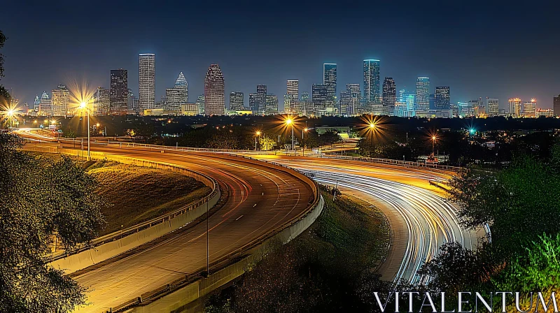 AI ART Urban Night Scene with Illuminated Skyline and Highway