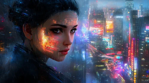 Neon Cityscape Blending with Woman's Face