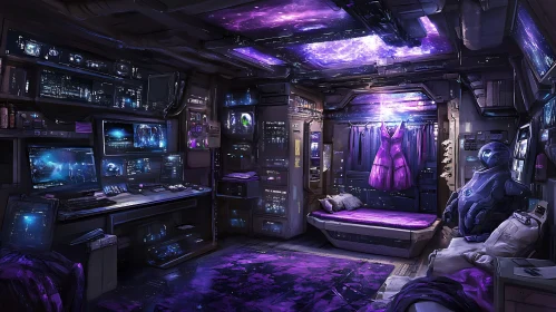 High-Tech Cybernetic Room with Robotic Elements and Radiant Purple Dress