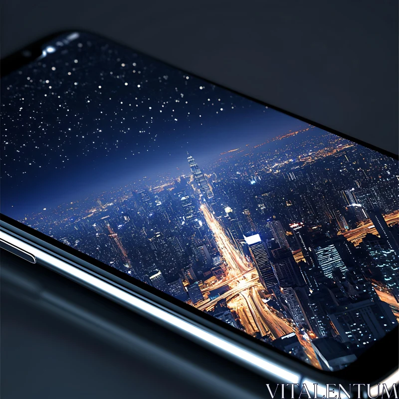 AI ART City Nightscape on Smartphone Screen