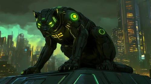 Cybernetic Panther with Glowing Green Accents in Futuristic Urban Setting