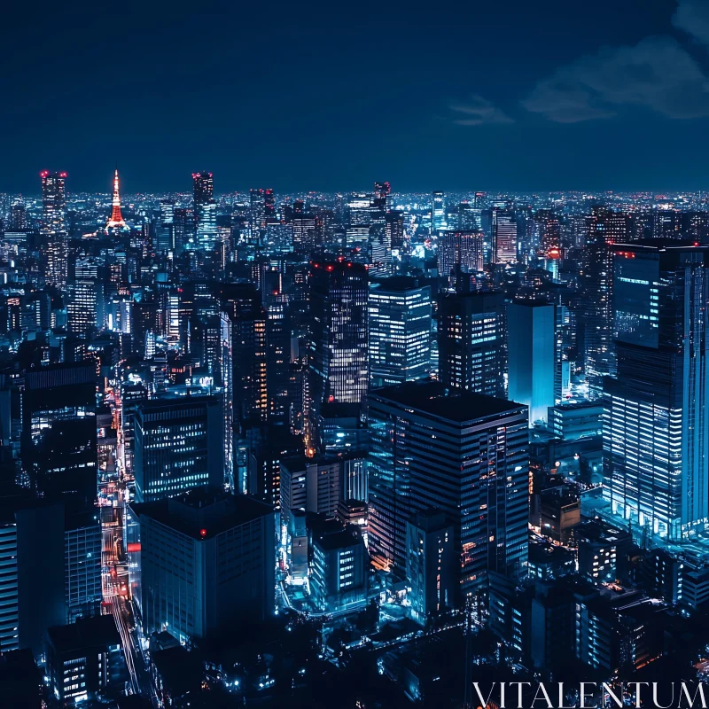 AI ART Urban Skyline at Night with Neon Lights and Skyscrapers