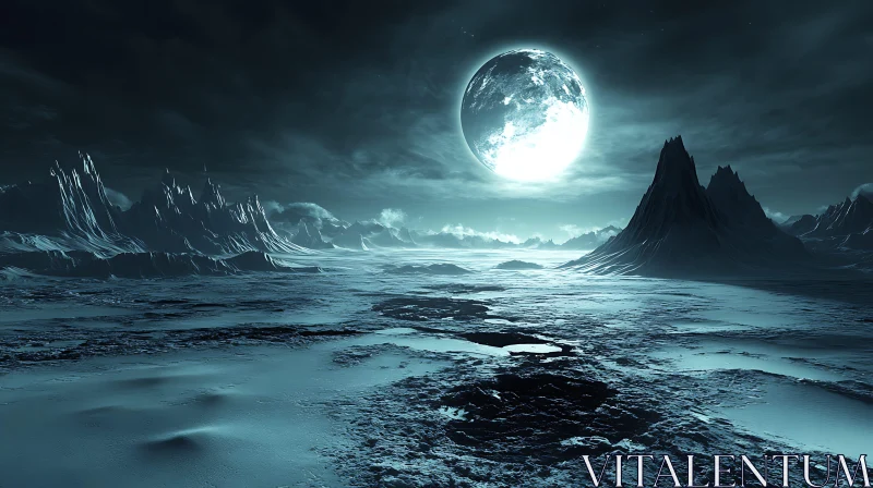 AI ART Otherworldly Night Scene with Moonlit Terrain