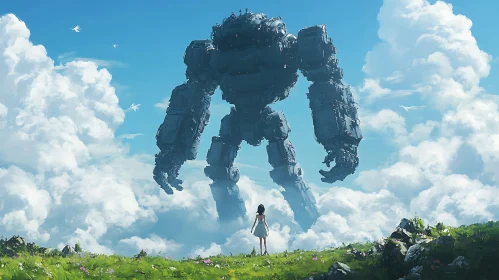 Colossal Robot and Girl in a Picturesque Meadow