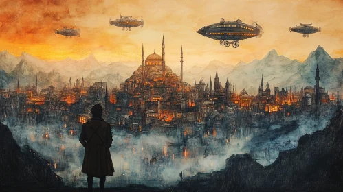 Skyships Over a Mystical City at Dawn