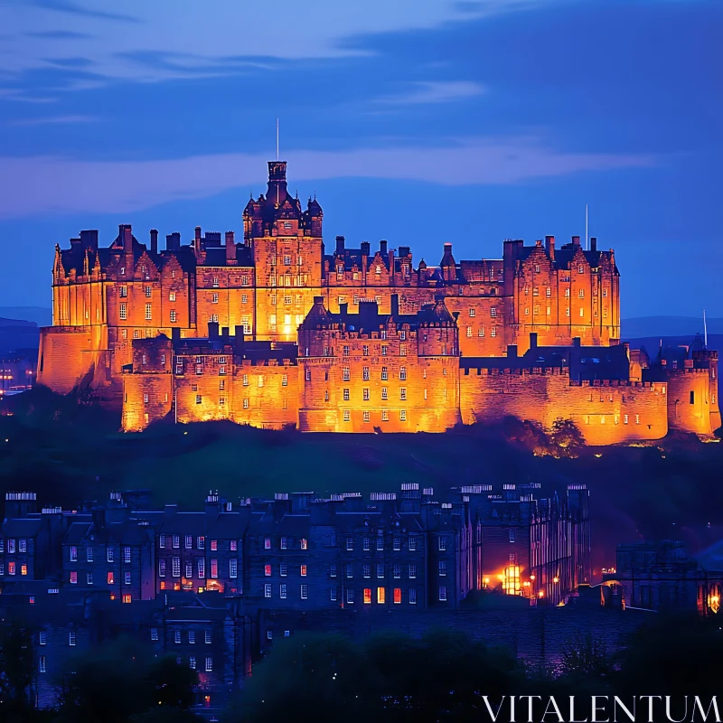 Night-time View of Glowing Castle AI Image