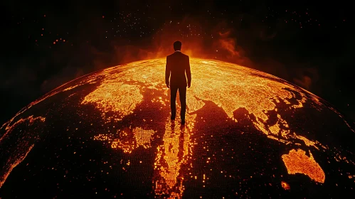 Man on a Fiery World Map