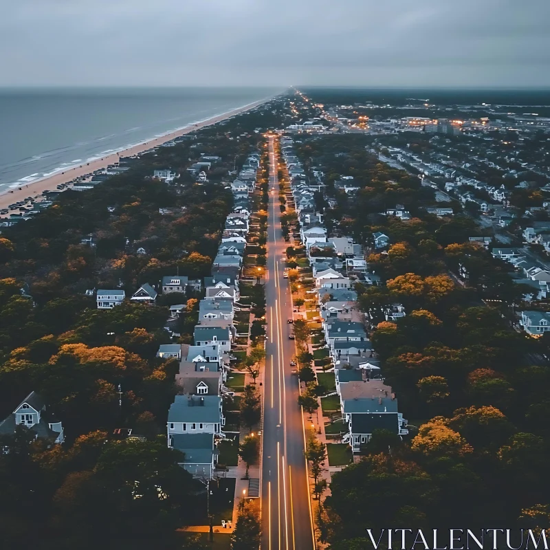 AI ART Dusk Over Coastal Suburb - Aerial Perspective