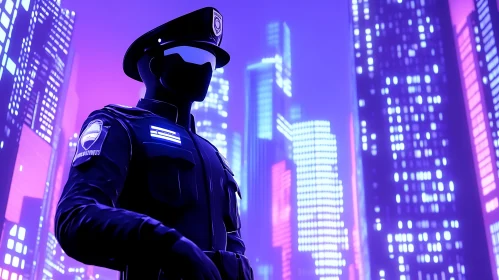 Neon Lit Policeman in a Futuristic City