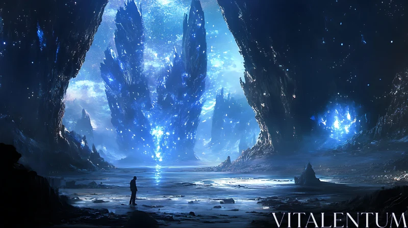 AI ART Enigmatic Cavern Illuminated by Blue Crystals