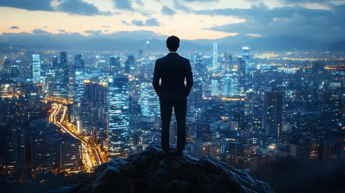 Cityscape Night View with Man in Suit