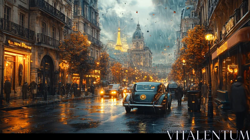 Vintage Paris Cityscape in Rain AI Image