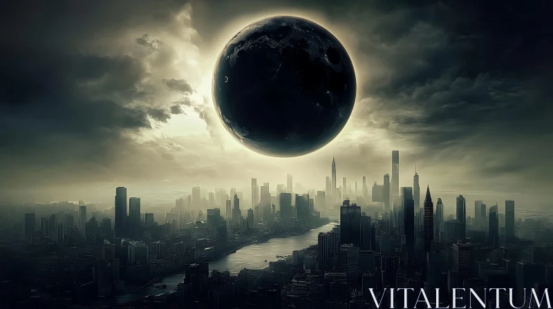 Surreal Urban Landscape with a Dark Celestial Body AI Image