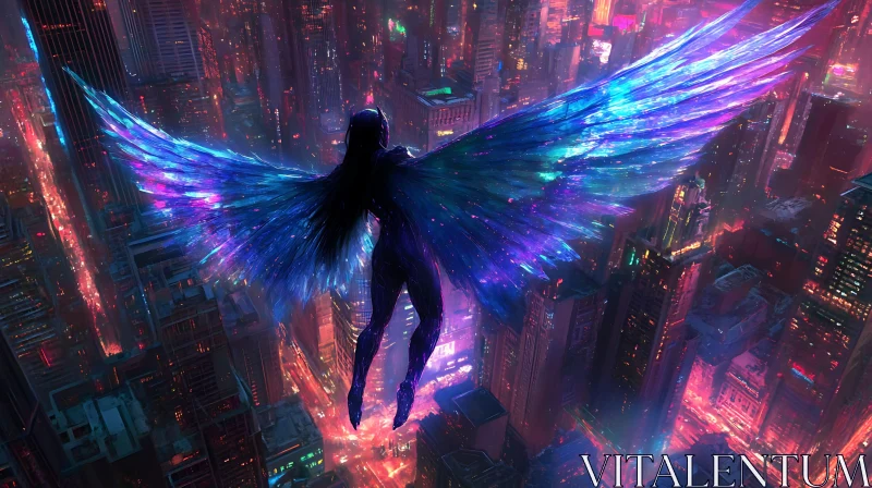 Silhouetted Being with Glow Wings Above Neon City AI Image