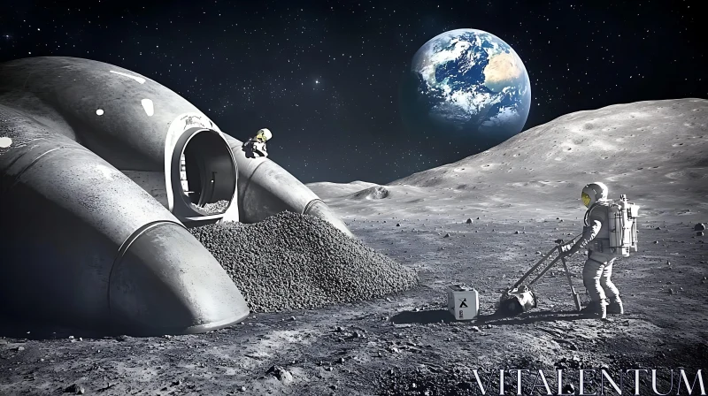 AI ART Moon Exploration: Astronauts and Futuristic Habitat with Earth View