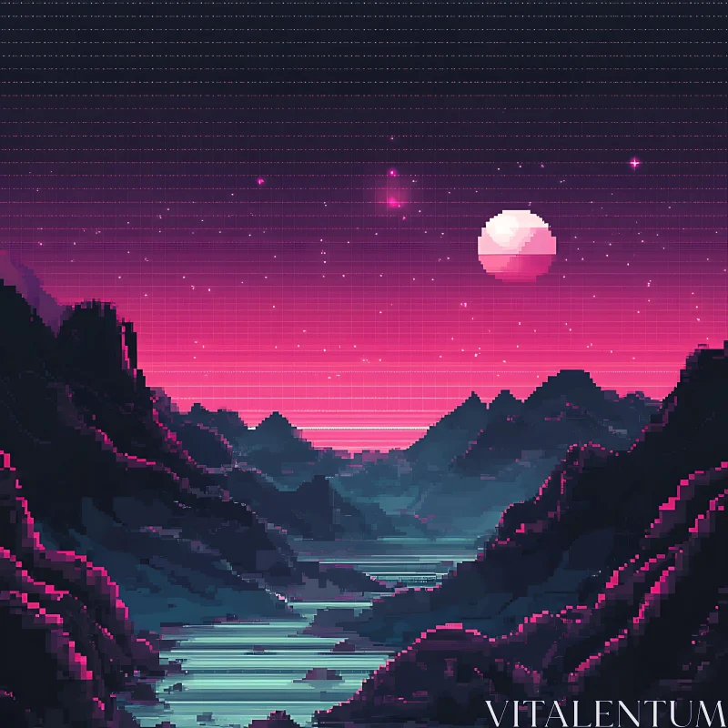 Ethereal Night Pixel Art with Mountainous River AI Image