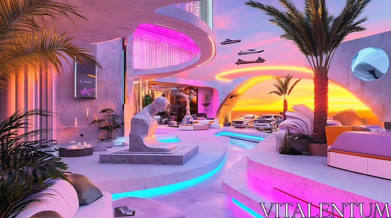 AI ART Futuristic Sunset Terrace with Neon Lights