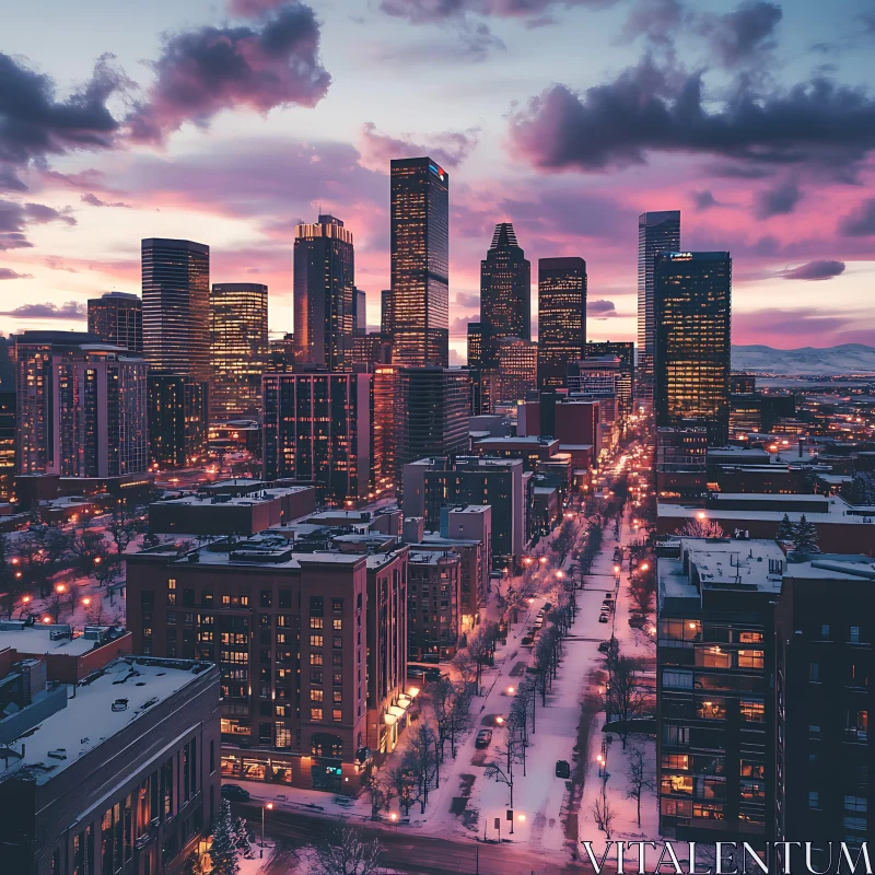 Evening Urban Landscape with Snow and Skyscrapers AI Image