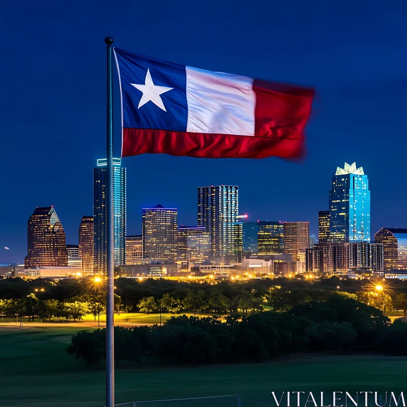 Texas State Flag Overlooking Illuminated City Skyline AI Image