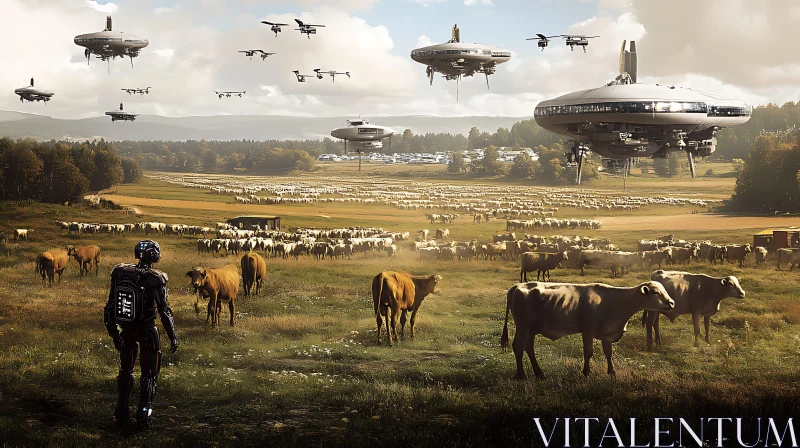 Cyborg and Drones in a Futuristic Countryside AI Image