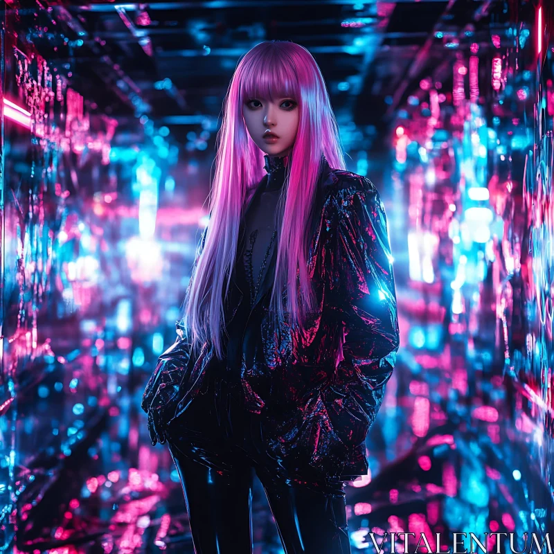 Cyberpunk Fashion: Neon Lights and Shiny Black Outfit AI Image