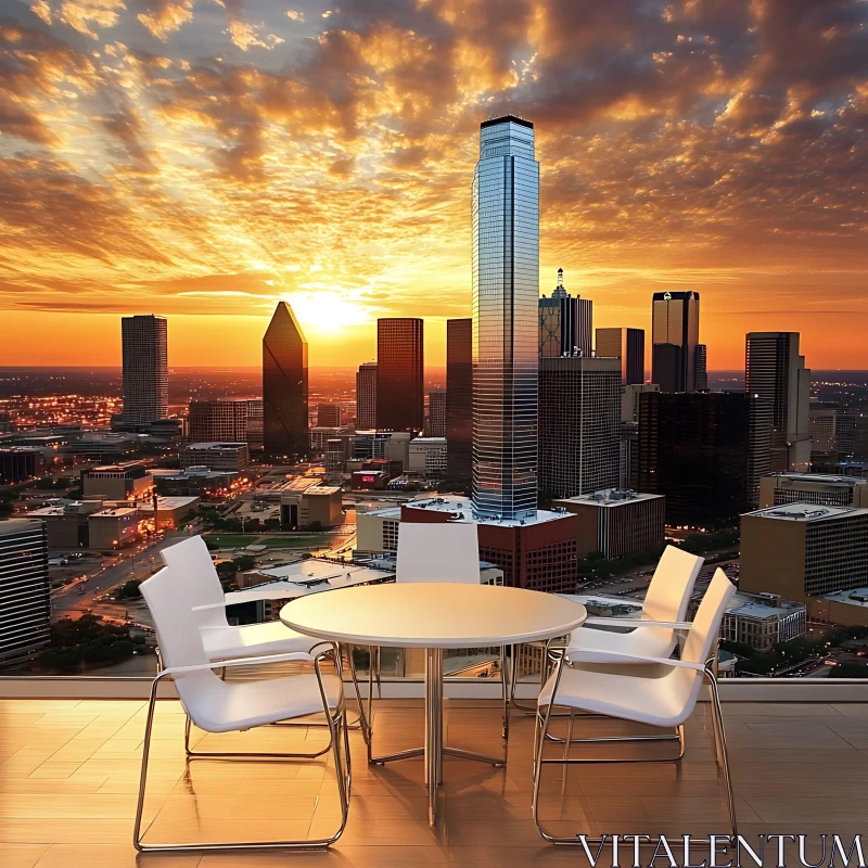 Sunset City View with White Chairs AI Image