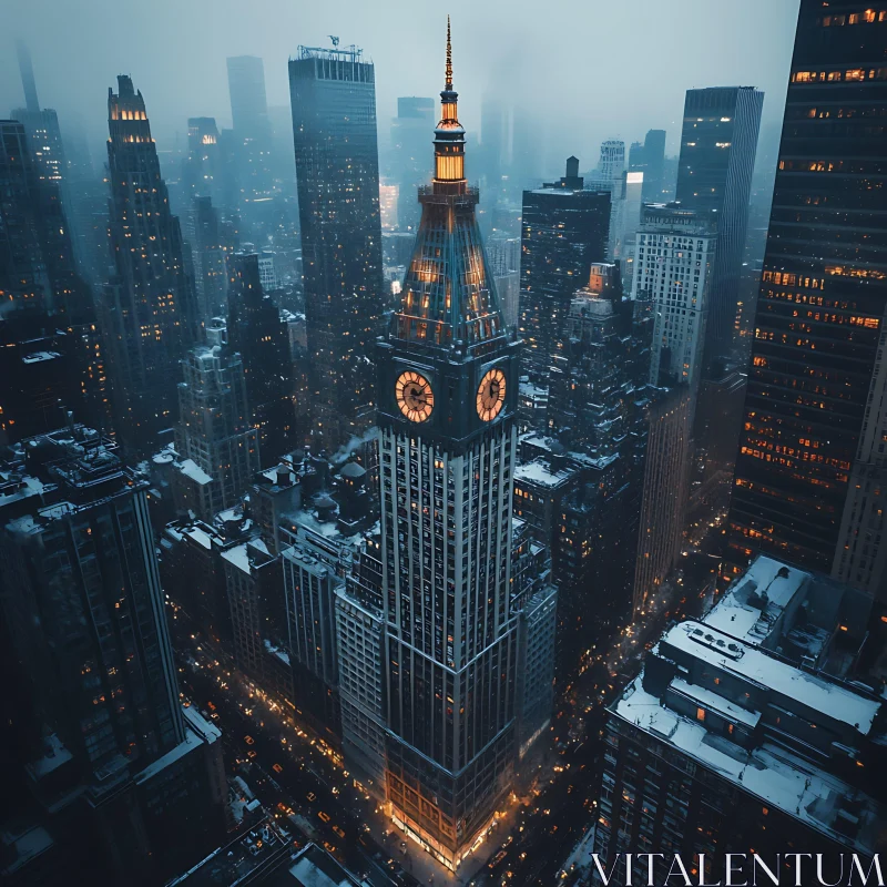 Urban Winter Wonderland: City Nightscape with Radiant Clock Tower AI Image