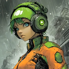 Futuristic Anime Character in Orange Suit and Dystopian City