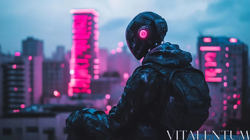 Cyborg in Neon Urban Nightscape AI Image