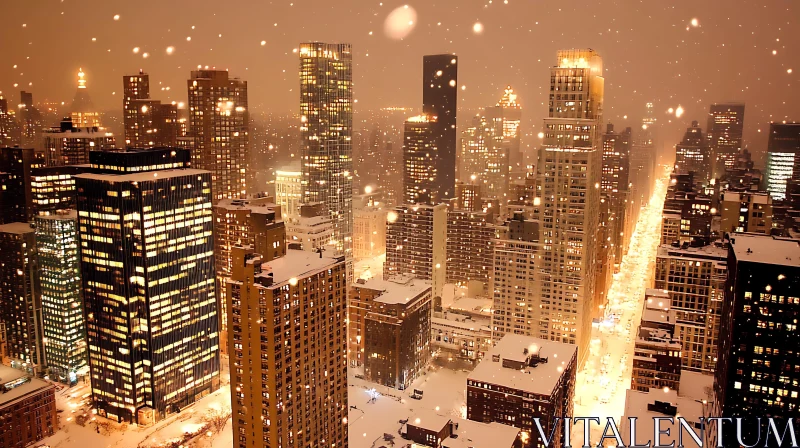 Illuminated Winter Urban Skyline at Night AI Image