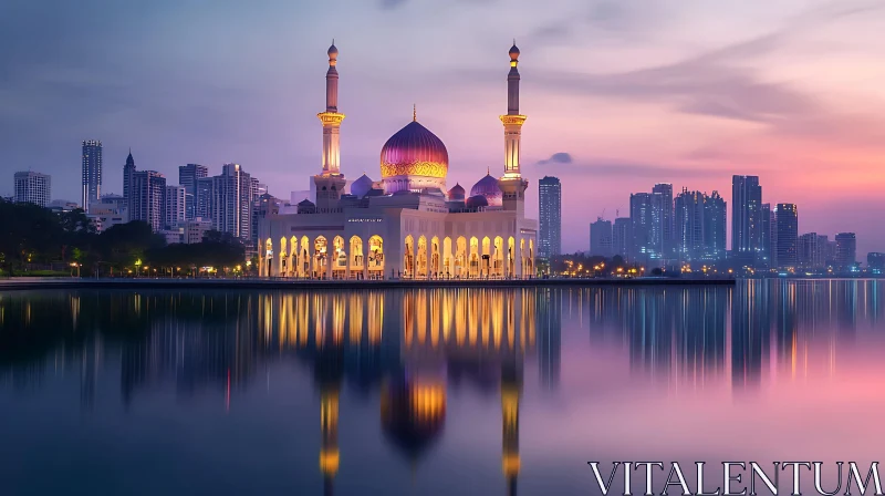 Illuminated Mosque and Skyline at Twilight AI Image