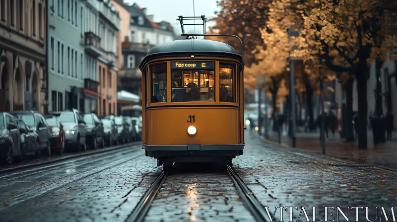 Historic Yellow Tram in Autumn Cityscape AI Image