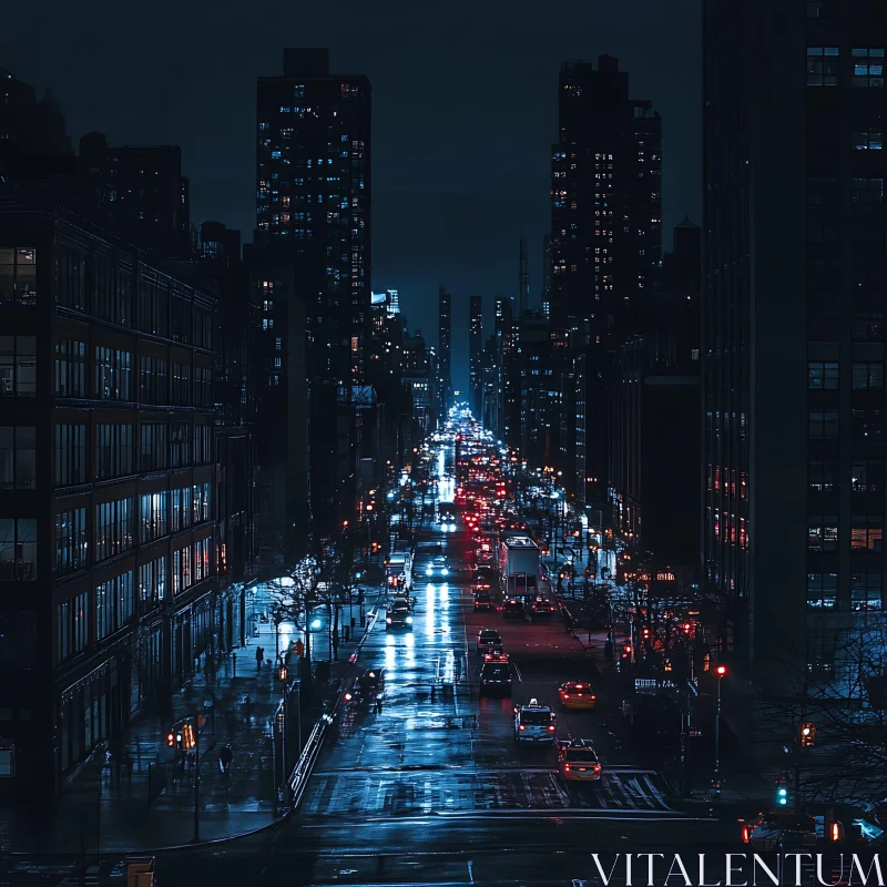 Night View of a Bustling City Street AI Image